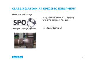 CLASSIFICATION AT SPECIFIC EQUIPMENT
SPO Compact Flange
Fully welded ASME B31 3 piping
Fully welded ASME B31.3 piping
and SPO compact flanges
No classification!
25
 