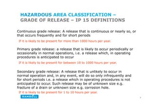 HAZARDOUS AREA CLASSIFICATION –
GRADE OF RELEASE – IP 15 DEFINITIONS
C d l l h l
Continuous grade release: A release that is continuous or nearly so, or
that occurs frequently and for short periods
If it is likely to be present for more than 1000 hours per year.
Primary grade release: a release that is likely to occur periodically or
occasionally in normal operations, i.e. a release which, in operating
y p p y
procedures is anticipated to occur
If it is likely to be present for between 10 to 1000 hours per year.
Secondary grade release: A release that is unlikely to occur in
normal operation and, in any event, will do so only infrequently and
for short periods i e a release which in operating procedures is not
for short periods i.e. a release which in operating procedures is not
anticipated to occur. Such release may be of unknown size e.g.
fracture of a drain or unknown size e.g. corrosion hole.
If it is likely to be present for 1 to 10 hours per year
7
If it is likely to be present for 1 to 10 hours per year.
 