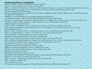 •
•
•
•
•
•
•
•
•
•
•
•
•
•
•
•
•
•
•
•
•
•
•
•
•
•
•
•
•
•
•
•

BIBLIOGRAFIA RECOMENDADA (*) Y COMPLEMENTARIA
(*)BERG JM TYMOCZKO JL & STRYER L. BIOCHEMISTRY. Fifth Edition, 2002. W.H.
(*)BLANCO, A.: Química Biológica, 7ma. ed., El Ateneo, Buenos Aires, 2000.
(*)BOREL, J.P.; RANDOUX, A.; MAQUART, F.X.; LE PEUCH, C. & VALEIRE, J.: Bioquímica Dinámica, 1ra. ed. en español, Ed. Médica Panamericana, Buenos Aires, 1989.
(*)CAMPBELL, NA & REECE, JB. Biología. 7ª ed., Ed. Médica Panamericana, University of California, Riverside, Berkeley, California, 2007.
http://www.medicapanamericana.com/campbell/
(*)CURTIS H y BARNES N S. Autores de la actualización de la 6º ed.: CURTIS, H; BARNES, NS; SCHNEK, A; FLORES, G. Biología. 7º. Ed., Panamericana, Buenos Aires,
2007. http://www.curtisbiologia.com/
(*)HERRERA, E.: Elementos de Bioquímica, 1ra. ed. en español, Interamericana, México, 1993.
(*)LEHNINGER, A., NELSON, D.L. y COX, M.M. "PRINCIPIOS DE BIOQUIMICA", editorial Omega, 3ª Edición, 2002.
(*)McGILVERY, R.W. & GOLDSTEIN, G.W.: Bioquímica - Aplicaciones Clínicas, 3ra. ed. en inglés y 2da. En español, Nueva Editorial Interamericana, México, 1986.
(*)MURRAY, R; GRANNER, D; MAYES, P & RODWEL, V: Bioquímica de Harper, 15ta. ed., El Manual Moderno, México, 2000.
(*)ROSKOSKI, R. Bioquímica. McGrow-Hill. 2000.
(*)VOET, D. y VOET, J. G. "BIOQUIMICA", 3º ed., Ed. Médica Panamericana, Buenos Aires, 2006. www.medicapanamericana.com
(*)VOET, D; VOET, JG & PRATT, ChW. Fundamentos de Bioquímica. La vida a nivel molecular. 2º ed., Ed. Médica Panamericana, Buenos Aires, 2007.
www.medicapanamericana.com
BRESCIA, F.; ARENTS, J.; MEISLICH, H. & TURK, A.: Fundamentos de Química, 3ra. ed., Compañía Editorial Continental, México, 1980.
CHURCH, D.C.: Fisiología digestiva y nutrición de los rumiantes, Vol. 1, 2 y 3, Acribia, Zaragoza, España, 1983.
CONN, E.E. & STUMPF, P.K.: Bioquímica fundamental, 3ra. ed., Limusa, México 1977.
DE ROBERTIS, NOWINSKI, SAEZ. Biología Celular. 12da. Ed. Bs. As., El Ateneo, 1998.
DEVLIN T. Bioquímica, libro de texto con aplicaciones clínicas. 2 Tomos. 3ª Edición. Editorial Reverté 1999, 2000.
HENRY, J.B.: Todd-Sanford-Davidsohn Diagnóstico y Tratamiento Clínicos por el Laboratorio, Tomos I y II, 8va. ed., Promotora Editorial, México, 1991.
KOLB, GURTHER, KETZ, SCHRODER, Y SEIDEL. Fisiología Veterinaria. 2a. ed. española. Zaragoza, Acribia, 1976.
LEHNINGER, Albert. Bioquímica. 3a. ed. Barcelona, Omega, 1979.
LINDQUIST R. Bioquímica, problemas. Interamericana Mc Graw- Hill (1991).
MAIDANA, Sergio. Bioquímica de la digestión ruminal. 1a. ed. Resistencia, Moro, 1982.
MATHEWS C., VAN HOLDE K., AHERN K G. Bioquímica. 3º Edición. Addison Wesley, 2002.
MAYNARD. Nutrición animal. 7ma. Ed, 1981.
MONTGOMERY. Bioquímica, casos y texto, 6ta. Ed, 1998.
MONTGOMERY; DRYER; CONWAY & SPECTOR: Bioquímica Médica, 1ra. ed. en español, Salvat Editores, Barcelona, España, 1984.
NIEMEYER, H.: Bioquímica, 2da.ed., Intermédica, Buenos Aires, 1974.
RAWN J. D. Tomos I y II.. –Bioquímica-1ra. Edición. Ed. Interamericana - McGraw-Hill. 1989.
STRYER L.. Bioquímica. Ed. Reverté, 1995.
VILLEE S. Biología. 4ta. ed , 1998.
W.H. Freeman, New York. EN: http://www.ncbi.nlm.nih.gov/books/bv.fcgi?call=bv.View..ShowTOC&rid=stryer.TOC&depth=10

 