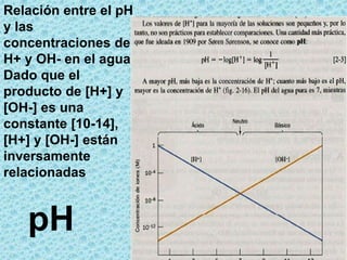 Relación entre el pH
y las
concentraciones de
H+ y OH- en el agua.
Dado que el
producto de [H+] y
[OH-] es una
constante [10-14],
[H+] y [OH-] están
inversamente
relacionadas

pH

 