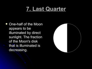 7. Last Quarter <ul><li>One-half of the Moon appears to be illuminated by direct sunlight. The fraction of the Moon's disk...