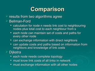 Comparison
Comparison
 results from two algorithms agree
results from two algorithms agree
 Bellman-Ford
Bellman-Ford

calculation for node n needs link cost to neighbouring
calculation for node n needs link cost to neighbouring
nodes plus total cost to each neighbour from s
nodes plus total cost to each neighbour from s

each node can maintain set of costs and paths for
each node can maintain set of costs and paths for
every other node
every other node

can exchange information with direct neighbors
can exchange information with direct neighbors

can update costs and paths based on information from
can update costs and paths based on information from
neighbors and knowledge of link costs
neighbors and knowledge of link costs
 Dijkstra
Dijkstra

each node needs complete topology
each node needs complete topology

must know link costs of all links in network
must know link costs of all links in network

must exchange information with all other nodes
must exchange information with all other nodes
 