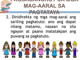 2. Dinidirekta ng mga mag-aaral ang
sariling pagkatuto: ano ang dapat
nilang matamo, nasaan na sila
ngayon at paano matatakpan ang
puwang sa pagkatuto.
PAGSASANGKOT SA MGA
MAG-AARAL SA
PAGTATAYA
 