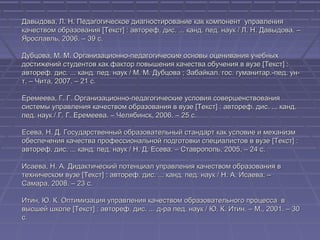 Давыдова, Л. Н. Педагогическое диагностирование как компонент управленияДавыдова, Л. Н. Педагогическое диагностирование как компонент управления
качеством образования [Текст] : автореф. дис. ... канд. пед. наук / Л. Н. Давыдова. –качеством образования [Текст] : автореф. дис. ... канд. пед. наук / Л. Н. Давыдова. –
Ярославль, 2006. – 39 с.Ярославль, 2006. – 39 с.
Дубцова, М. М. Организационно-педагогические основы оценивания учебныхДубцова, М. М. Организационно-педагогические основы оценивания учебных
достижений студентов как фактор повышения качества обучения в вузе [Текст] :достижений студентов как фактор повышения качества обучения в вузе [Текст] :
автореф. дис. ... канд. пед. наук / М. М. Дубцова ; Забайкал. гос. гуманитар.-пед. ун-автореф. дис. ... канд. пед. наук / М. М. Дубцова ; Забайкал. гос. гуманитар.-пед. ун-
т. – Чита, 2007. – 21 с.т. – Чита, 2007. – 21 с.
Еремеева, Г. Г. Организационно-педагогические условия совершенствованияЕремеева, Г. Г. Организационно-педагогические условия совершенствования
системы управления качеством образования в вузе [Текст] : автореф. дис. ... канд.системы управления качеством образования в вузе [Текст] : автореф. дис. ... канд.
пед. наук / Г. Г. Еремеева. – Челябинск, 2006. – 25 с.пед. наук / Г. Г. Еремеева. – Челябинск, 2006. – 25 с.
Есева, Н. Д. Государственный образовательный стандарт как условие и механизмЕсева, Н. Д. Государственный образовательный стандарт как условие и механизм
обеспечения качества профессиональной подготовки специалистов в вузе [Текст] :обеспечения качества профессиональной подготовки специалистов в вузе [Текст] :
автореф. дис. ... канд. пед. наук / Н. Д. Есева. – Ставрополь, 2005. – 24 с.автореф. дис. ... канд. пед. наук / Н. Д. Есева. – Ставрополь, 2005. – 24 с.
Исаева, Н. А. Дидактический потенциал управления качеством образования вИсаева, Н. А. Дидактический потенциал управления качеством образования в
техническом вузе [Текст] : автореф. дис. ... канд. пед. наук / Н. А. Исаева. –техническом вузе [Текст] : автореф. дис. ... канд. пед. наук / Н. А. Исаева. –
Самара, 2008. – 23 с.Самара, 2008. – 23 с.
Итин, Ю. К. Оптимизация управления качеством образовательного процесса вИтин, Ю. К. Оптимизация управления качеством образовательного процесса в
высшей школе [Текст] : автореф. дис. ... д-ра пед. наук / Ю. К. Итин. – М., 2001. – 30высшей школе [Текст] : автореф. дис. ... д-ра пед. наук / Ю. К. Итин. – М., 2001. – 30
с.с.
 
