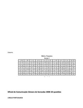 Gabarito
Oficial de Comunicação Câmara de Sorocaba 2008 20 questões
LÍNGUA PORTUGUESA
 
