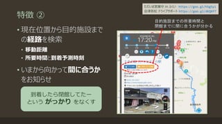 特徴 ②
• 現在位置から目的施設まで
の経路を検索
• 移動距離
• 所要時間と到着予測時刻
• いまから向かって間に合うか
をお知らせ
目的施設までの所要時間と
閉館までに間に合うかが分かる
到着したら閉館してたー
という がっかり をなくす
ただいま営業中 in ふくい https://goo.gl/h5g5yi
会津若松 ドライブサポート https://goo.gl/dKQKP7
 