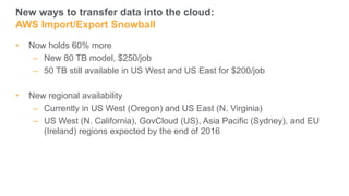 New ways to transfer data into the cloud:
AWS Import/Export Snowball
• Now holds 60% more
– New 80 TB model, $250/job
– 50...