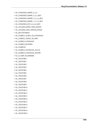 Ring Documentation, Release 1.9
• GL_UNSIGNED_SHORT_5_6_5
• GL_UNSIGNED_SHORT_5_6_5_REV
• GL_UNSIGNED_SHORT_4_4_4_4_REV
• GL_UNSIGNED_SHORT_1_5_5_5_REV
• GL_UNSIGNED_INT_8_8_8_8_REV
• GL_ALIASED_POINT_SIZE_RANGE
• GL_ALIASED_LINE_WIDTH_RANGE
• GL_MULTISAMPLE
• GL_SAMPLE_ALPHA_TO_COVERAGE
• GL_SAMPLE_ALPHA_TO_ONE
• GL_SAMPLE_COVERAGE
• GL_SAMPLE_BUFFERS
• GL_SAMPLES
• GL_SAMPLE_COVERAGE_VALUE
• GL_SAMPLE_COVERAGE_INVERT
• GL_CLAMP_TO_BORDER
• GL_TEXTURE0
• GL_TEXTURE1
• GL_TEXTURE2
• GL_TEXTURE3
• GL_TEXTURE4
• GL_TEXTURE5
• GL_TEXTURE6
• GL_TEXTURE7
• GL_TEXTURE8
• GL_TEXTURE9
• GL_TEXTURE10
• GL_TEXTURE11
• GL_TEXTURE12
• GL_TEXTURE13
• GL_TEXTURE14
• GL_TEXTURE15
• GL_TEXTURE16
• GL_TEXTURE17
• GL_TEXTURE18
• GL_TEXTURE19
1845
 