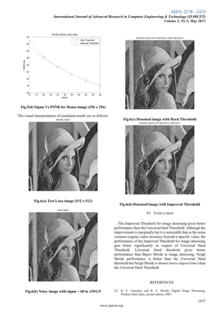 ISSN: 2278 – 1323
International Journal of Advanced Research in Computer Engineering & Technology (IJARCET)
Volume 2, No 5, May 2013
1877
www.ijarcet.org
10 15 20 25 30 35 40 45 50 55 60
16
18
20
22
24
26
28
30
32
HOUSE IMAGE (256 x256)
sigma
PSNR
(db)
Hard Threshold
Improved Threshold
Fig.5(d) Sigma Vs PSNR for House image (256 x 256)
The visual interpretations of simulated results are as follows:
ORIGINAL IMAGE
Fig.6(a) Test Lena image (512 x 512)
NOISY IMAGE
Fig.6(b) Noisy image with sigma = 60 in AWGN
DENOISED IMAGE WITH UNIVERSAL HARD THRESHOLD
Fig.6(c) Denoised image with Hard Threshold
DENOISED IMAGE WITH IMPROVED THRESHOLD
Fig.6(d) Denoised image with Improved Threshold
VI. CONCLUSION
The Improved Threshold for image denoising gives better
performance than the Universal hard Threshold. Although the
improvement is marginally but it is noticeable that as the noise
variance (sigma) value increases beyond a specific value, the
performance of the Improved Threshold for image denoising
gets better significantly in respect of Universal Hard
Threshold. Universal Hard threshold gives better
performance than Bayes Shrink in image denoising. Neigh
Shrink performance is better than the Universal Hard
threshold but Neigh Shrink is slower (more elapsed time) than
the Universal Hard Threshold.
REFERENCES
[1] R. C. Gonzalez and R. E. Woods, Digital Image Processing,
Prentice-Hall, India, second edition, 2007.
 