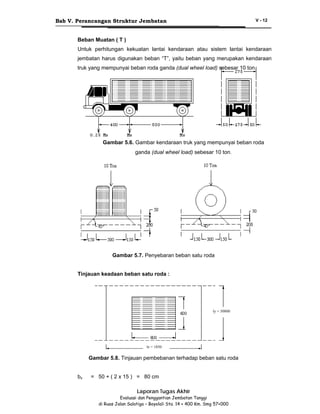 Bab V. Perancangan Struktur Jembatan

V - 12

Beban Muatan ( T )
Untuk perhitungan kekuatan lantai kendaraan atau sistem lantai kendaraan
jembatan harus digunakan beban “T”, yaitu beban yang merupakan kendaraan
truk yang mempunyai beban roda ganda (dual wheel load) sebesar 10 ton.

Gambar 5.6. Gambar kendaraan truk yang mempunyai beban roda
ganda (dual wheel load) sebesar 10 ton.

Gambar 5.7. Penyebaran beban satu roda
Tinjauan keadaan beban satu roda :

ly = 30800

lx = 1850

Gambar 5.8. Tinjauan pembebanan terhadap beban satu roda
bx

= 50 + ( 2 x 15 ) = 80 cm
Laporan Tugas Akhir
Evaluasi dan Penggantian Jembatan Tanggi
di Ruas Jalan Salatiga – Boyolali Sta. 14 + 400 Km. Smg 57+000

 