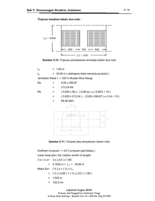 Bab V. Perancangan Struktur Jembatan

V - 14

Tinjauan keadaan beban dua roda :

Ly = 30800

800

250

800

Lx = 1850
Gambar 5.10. Tinjauan pembebanan terhadap beban dua roda
Lx

= 1,85 m

Ly

= 30,80 m ( diafragma tidak mendukung lantai )

Jembatan Kelas I = 100 % Muatan Bina Marga
Ra

=
=

213,34 kN

=

( 0,925 x Ra ) - ( 0,80 qu ) x ( 0,80/2 + 10 )

=

( 0,925 x 213,34 ) - ( 0,80 x 266,67 ) x ( 0,4 + 10 )

=

Mo

0,80 x 266,67

66,46 kNm

Gambar 5.11. Tampak atas penyebaran beban roda
Koefisien tumpuan r = 2/3 ( tumpuan jepit bebas )
Lebar kerja plat ( Sa ) beban sendiri di tengah
3 x r x Lx =
=
Maka Sa =

3 x ( 2/3 ) x 1,85
4,1625 m < Ly = 30,80 m
( ¾ ) a + ( ¾ ) r Lx

=

( ¾ ) ( 0,80 ) + ( ¾ ) ( 2/3 ) ( 1,85 )

=

1,525 m

=

152,5 cm
Laporan Tugas Akhir

Evaluasi dan Penggantian Jembatan Tanggi
di Ruas Jalan Salatiga – Boyolali Sta. 14 + 400 Km. Smg 57+000

 