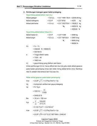 Bab V. Perancangan Struktur Jembatan

V - 34

2. Perhitungan tulangan geser balok prategang
Gaya lintang akibat beban mati (VD)
Akibat gelagar

= 0,5 q L

= 0,5 *1489 *30,8 = 22930,60 kg

Akibat diafragma

= 0,5 P

= 0,5 *8752

Akibat plat lantai

= 0,5 q L

= 0,5 *1203*30,8 = 18526.2 kg
VD

= 4376

kg

= 45832.8 kg
= 458328 N

Gaya lintng akibat beban hidup (VL)
Akibat beban D

= 0.5 P

= 0,5*11396

= 5698 kg

Akibat angin

= 0,5 q L

= 0,5 *194*30,8

= 2987,6 kg

VL

= 8685,6 kg
= 86856 N

Vu

= V D + VL
= 458328 N + 86856 N
= 545184 N

d

= Tinggi efektif balok
= 1700 – 40
= 1660 mm

Vc

= gaya lintang yang ditahan oleh beton

Untuk perhitungan Vc ini, harus dilihat dari dua hal yaitu retak akibat geseran
pada badan penampang (Vcw) dan retak miring akibat lentur (Vci). Nantinya
nilai Vc adalah nilai terkecil dari Vcw dan Vci.
Retak akibat geseran pada badan penampang

f ' c + 0,3*fpc)*bw*d + Vp

Vcw

= (0,29*

Vp

= komponen vertikal dari gaya prategang

Vp

= Fo *tg α

52
15400

= 725110 *
= 2448,42 N
Bw

= 18 cm = 180 mm

Fpc

=

F
580,890
=
4773,75
Ac

= 0,122 T/cm2 = 12,2 N/mm2
Vcw

= (0,29*

f ' c + 0,3*fpc)*bw*d + Vp

= (0,29* 50 + 0,3*12,2)*180*1660 + 2448,42
Laporan Tugas Akhir
Evaluasi dan Penggantian Jembatan Tanggi
di Ruas Jalan Salatiga – Boyolali Sta. 14 + 400 Km. Smg 57+000

 