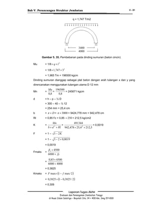 Bab V. Perancangan Struktur Jembatan

V - 81

q = 1,747 T/m2

3400
4000
Gambar 5. 35. Pembebanan pada dinding sumuran (beton cincin)
Mu

= 1/8 × q × l 2
= 1/8 × 1,747 × 3 2
= 1,965 Tm = 196500 kgcm

Dinding sumuran dianggap sebagai plat beton dengan arah tulangan x dan y yang
direncanakan menggunakan tulangan utama D 12 mm

Mu 196500
=
= 245671 kgcm
0,8
0,8

Mn

=

d

=h–p–½D
= 300 – 40 – ½ 12
= 254 mm = 25,4 cm

b

= π × D = π × 3000 = 9424,778 mm = 942,478 cm

Rl

= 0,85 f’c = 0,85 × 250 = 212,5 kg/cm2

K

=

F

=1–

1 − 2K

=1–

1 − 2 × 0,0019

491344
Mn
=
= 0,0019
2
b × d × Rl 942,478 × 25,4 2 × 212,5

= 0,0019
=

β1 × 4500
6000 + fy

=

Fmaks

0,85 × 4500
6000 + 4000

= 0,3825
Kmaks

= F max× (1 − f max/ 2 )
= 0,3825 × (1 − 0,3825 / 2 )
= 0,309
Laporan Tugas Akhir
Evaluasi dan Penanganan Jembatan Tanggi
di Ruas Jalan Salatiga – Boyolali Sta. 14 + 400 Km. Smg 57+000

 