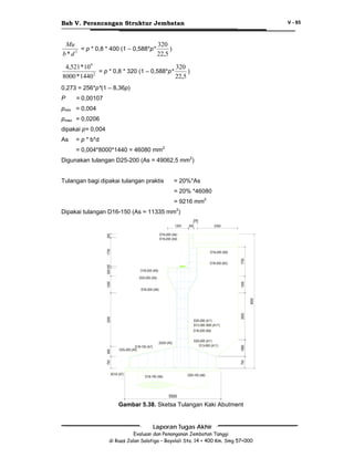 Bab V. Perancangan Struktur Jembatan

Mu
320
= p * 0,8 * 400 (1 – 0,588*p*
)
2
22,5
b*d
4,521 * 109
320
= p * 0,8 * 320 (1 – 0,588*p*
)
2
8000 * 1440
22,5
0,273 = 256*p*(1 – 8,36p)
P

= 0,00107

pmin = 0,004
pmax = 0,0206
dipakai p= 0,004
As

= p * b*d
= 0,004*8000*1440 = 46080 mm2

Digunakan tulangan D25-200 (As = 49062,5 mm2)
Tulangan bagi dipakai tulangan praktis

= 20%*As
= 20% *46080
= 9216 mm2

Dipakai tulangan D16-150 (As = 11335 mm2)

Gambar 5.38. Sketsa Tulangan Kaki Abutment

Laporan Tugas Akhir
Evaluasi dan Penanganan Jembatan Tanggi
di Ruas Jalan Salatiga – Boyolali Sta. 14 + 400 Km. Smg 57+000

V - 85

 