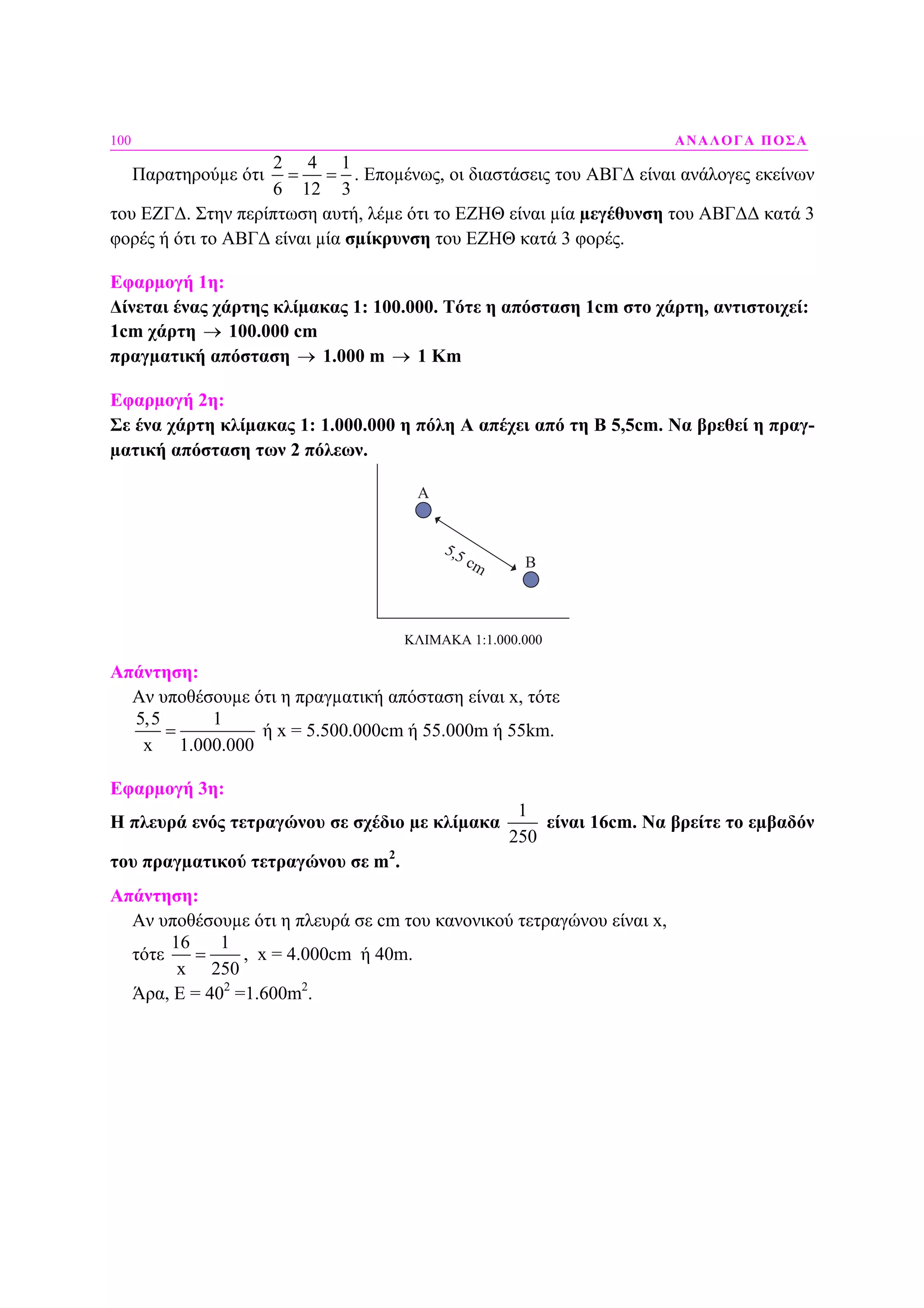 100 ΑΝΑΛΟΓΑ ΠΟΣΑ
Παρατηρούµε ότι
2 4 1
6 12 3
= = . Εποµένως, οι διαστάσεις του ΑΒΓ∆ είναι ανάλογες εκείνων
του ΕΖΓ∆. Στην περίπτωση αυτή, λέµε ότι το ΕΖΗΘ είναι µία µεγέθυνση του ΑΒΓ∆∆ κατά 3
φορές ή ότι το ΑΒΓ∆ είναι µία σµίκρυνση του ΕΖΗΘ κατά 3 φορές.
Εφαρµογή 1η:
∆ίνεται ένας χάρτης κλίµακας 1: 100.000. Τότε η απόσταση 1cm στο χάρτη, αντιστοιχεί:
1cm χάρτη → 100.000 cm
πραγµατική απόσταση → 1.000 m → 1 Km
Εφαρµογή 2η:
Σε ένα χάρτη κλίµακας 1: 1.000.000 η πόλη Α απέχει από τη Β 5,5cm. Να βρεθεί η πραγ-
µατική απόσταση των 2 πόλεων.
Α
Β
5,5 cm
ΚΛΙΜΑΚΑ 1:1.000.000
Απάντηση:
Αν υποθέσουµε ότι η πραγµατική απόσταση είναι x, τότε
5,5 1
x 1.000.000
= ή x = 5.500.000cm ή 55.000m ή 55km.
Εφαρµογή 3η:
Η πλευρά ενός τετραγώνου σε σχέδιο µε κλίµακα
1
250
είναι 16cm. Να βρείτε το εµβαδόν
του πραγµατικού τετραγώνου σε m2
.
Απάντηση:
Αν υποθέσουµε ότι η πλευρά σε cm του κανονικού τετραγώνου είναι x,
τότε
16 1
x 250
= , x = 4.000cm ή 40m.
Άρα, E = 402
=1.600m2
.
 