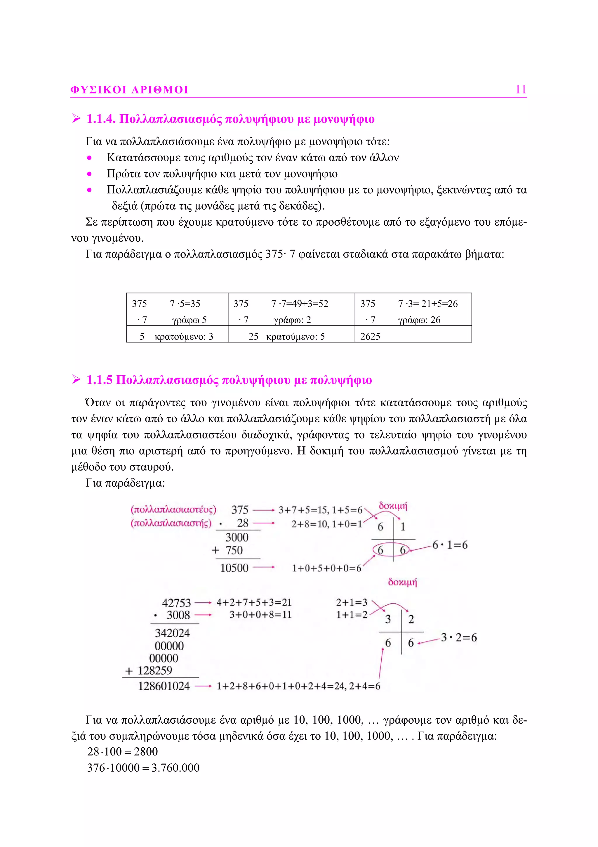 ΦΥΣΙΚΟΙ ΑΡΙΘΜΟΙ 11
1.1.4. Πολλαπλασιασµός πολυψήφιου µε µονοψήφιο
Για να πολλαπλασιάσουµε ένα πολυψήφιο µε µονοψήφιο τότε:
• Κατατάσσουµε τους αριθµούς τον έναν κάτω από τον άλλον
• Πρώτα τον πολυψήφιο και µετά τον µονοψήφιο
• Πολλαπλασιάζουµε κάθε ψηφίο του πολυψήφιου µε το µονοψήφιο, ξεκινώντας από τα
δεξιά (πρώτα τις µονάδες µετά τις δεκάδες).
Σε περίπτωση που έχουµε κρατούµενο τότε το προσθέτουµε από το εξαγόµενο του επόµε-
νου γινοµένου.
Για παράδειγµα ο πολλαπλασιασµός 375· 7 φαίνεται σταδιακά στα παρακάτω βήµατα:
375 7 ·5=35
· 7 γράφω 5
375 7 ·7=49+3=52
· 7 γράφω: 2
375 7 ·3= 21+5=26
· 7 γράφω: 26
5 κρατούµενο: 3 25 κρατούµενο: 5 2625
1.1.5 Πολλαπλασιασµός πολυψήφιου µε πολυψήφιο
Όταν οι παράγοντες του γινοµένου είναι πολυψήφιοι τότε κατατάσσουµε τους αριθµούς
τον έναν κάτω από το άλλο και πολλαπλασιάζουµε κάθε ψηφίου του πολλαπλασιαστή µε όλα
τα ψηφία του πολλαπλασιαστέου διαδοχικά, γράφοντας το τελευταίο ψηφίο του γινοµένου
µια θέση πιο αριστερή από το προηγούµενο. Η δοκιµή του πολλαπλασιασµού γίνεται µε τη
µέθοδο του σταυρού.
Για παράδειγµα:
Για να πολλαπλασιάσουµε ένα αριθµό µε 10, 100, 1000, … γράφουµε τον αριθµό και δε-
ξιά του συµπληρώνουµε τόσα µηδενικά όσα έχει το 10, 100, 1000, … . Για παράδειγµα:
28 100 2800⋅ =
376 10000 3.760.000⋅ =
 