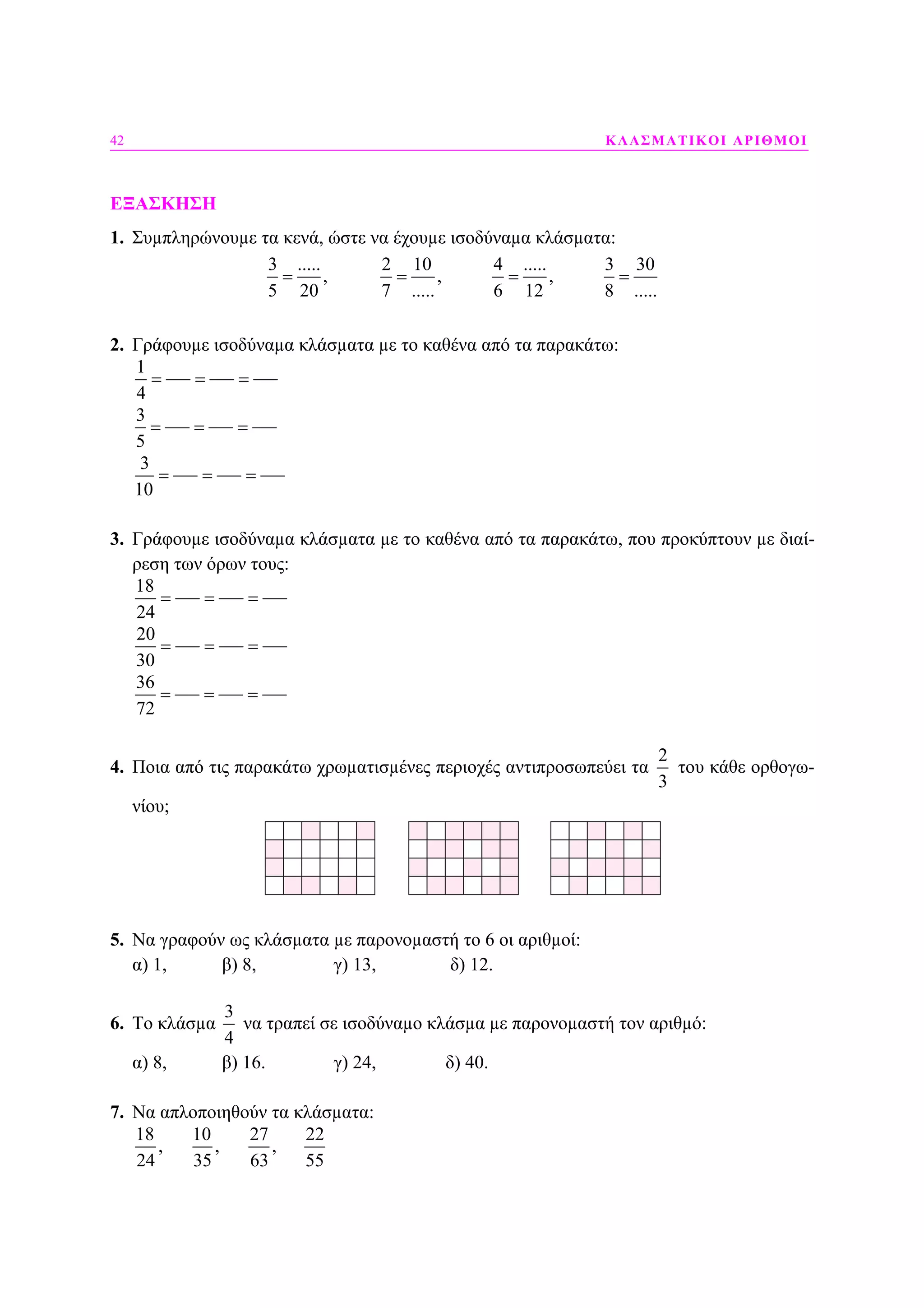 42 ΚΛΑΣΜΑΤΙΚΟΙ ΑΡΙΘΜΟΙ
ΕΞΑΣΚΗΣΗ
1. Συµπληρώνουµε τα κενά, ώστε να έχουµε ισοδύναµα κλάσµατα:
3 ..... 2 10 4 ..... 3 30
, , ,
5 20 7 ..... 6 12 8 .....
= = = =
2. Γράφουµε ισοδύναµα κλάσµατα µε το καθένα από τα παρακάτω:
1
4
= = =
3
5
= = =
3
10
= = =
3. Γράφουµε ισοδύναµα κλάσµατα µε το καθένα από τα παρακάτω, που προκύπτουν µε διαί-
ρεση των όρων τους:
18
24
= = =
20
30
= = =
36
72
= = =
4. Ποια από τις παρακάτω χρωµατισµένες περιοχές αντιπροσωπεύει τα
2
3
του κάθε ορθογω-
νίου;
5. Να γραφούν ως κλάσµατα µε παρονοµαστή το 6 οι αριθµοί:
α) 1, β) 8, γ) 13, δ) 12.
6. Το κλάσµα
3
4
να τραπεί σε ισοδύναµο κλάσµα µε παρονοµαστή τον αριθµό:
α) 8, β) 16. γ) 24, δ) 40.
7. Να απλοποιηθούν τα κλάσµατα:
18 10 27 22
, , ,
24 35 63 55
 