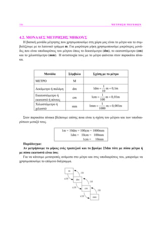 106 ΜΕΤΡΗΣΗ ΜΕΓΕΘΩΝ
4.2. ΜΟΝΑ∆ΕΣ ΜΕΤΡΗΣΗΣ ΜΗΚΟΥΣ
Η βασική µονάδα µέτρησης που χρησιµοποιούµε στη χώρα µας είναι το µέτρο και το συµ-
βολίζουµε µε το λατινικό γράµµα m. Για µικρότερα µήκη χρησιµοποιούµε µικρότερες µονά-
δες που είναι υποδιαιρέσεις του µέτρου όπως το δεκατόµετρο (dm), το εκατοστόµετρο (cm)
και το χιλιοστόµετρο (mm). Η αντιστοιχία τους µε το µέτρο φαίνεται στον παρακάτω πίνα-
κα.
Μονάδα Σύµβολο Σχέση µε το µέτρο
ΜΕΤΡΟ M
∆εκάµετρο ή παλάµη dm
1
1dm m 0,1m
10
= =
Εκατοστόµετρο ή
εκατοστό ή πόντος
cm
1
1cm m 0,01m
100
= =
Χιλιοστόµετρο ή
χιλιοστό
mm
1
1mm m 0,001m
1000
= =
Στον παρακάτω πίνακα βλέπουµε επίσης ποια είναι η σχέση του µέτρου και των υποδιαι-
ρέσεων µεταξύ τους.
1m = 10dm = 100cm = 1000mm
1dm = 10cm = 100mm
1cm = 10mm
Παράδειγµα:
Αν µετρήσουµε το µήκος ενός τραπεζιού και το βρούµε 23dm τότε µε πόσα µέτρα ή
µε πόσα εκατοστά είναι ίσο;
Για να κάνουµε µετατροπές ανάµεσα στο µέτρο και στις υποδιαιρέσεις του, µπορούµε να
χρησιµοποιούµε το επόµενο διάγραµµα.
m
dm
cm
mmx10
:10
x10
x10
:10
:10
 