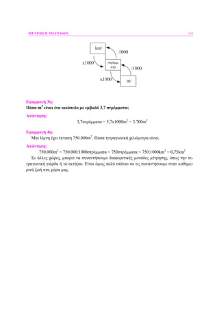 ΜΕΤΡΗΣΗ ΜΕΓΕΘΩΝ 113
km
στρέμμ
ατα
x1000
:1000
m2
2
x1000
:1000
Εφαρµογή 3η:
Πόσα m2
είναι ένα οικόπεδο µε εµβαδό 3,7 στρέµµατα;
Απάντηση:
3,7στρέµµατα = 3,7x1000m2
= 3.700m2
Εφαρµογή 4η:
Μία λίµνη έχει έκταση 750.000m2
. Πόσα τετραγωνικά χιλιόµετρα είναι;
Απάντηση:
750.000m2
= 750.000:1000στρέµµατα = 750στρέµµατα = 750:1000km2
= 0,75km2
Σε άλλες χώρες, µπορεί να συναντήσουµε διαφορετικές µονάδες µέτρησης, όπως την τε-
τραγωνική γιάρδα ή το εκτάριο. Είναι όµως πολύ σπάνιο να τις συναντήσουµε στην καθηµε-
ρινή ζωή στη χώρα µας.
 