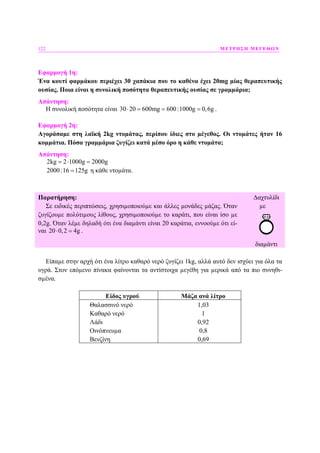 122 ΜΕΤΡΗΣΗ ΜΕΓΕΘΩΝ
Εφαρµογή 1η:
Ένα κουτί φαρµάκου περιέχει 30 χαπάκια που το καθένα έχει 20mg µίας θεραπευτικής
ουσίας. Ποια είναι η συνολική ποσότητα θεραπευτικής ουσίας σε γραµµάρια;
Απάντηση:
Η συνολική ποσότητα είναι 30 20 600mg 600:1000g 0,6g⋅ = = = .
Εφαρµογή 2η:
Αγοράσαµε στη λαϊκή 2kg ντοµάτας, περίπου ίδιες στο µέγεθος. Οι ντοµάτες ήταν 16
κοµµάτια. Πόσα γραµµάρια ζυγίζει κατά µέσο όρο η κάθε ντοµάτα;
Απάντηση:
2kg 2 1000g 2000g= ⋅ =
2000:16 125g= η κάθε ντοµάτα.
Παρατήρηση:
Σε ειδικές περιπτώσεις, χρησιµοποιούµε και άλλες µονάδες µάζας. Όταν
ζυγίζουµε πολύτιµους λίθους, χρησιµοποιούµε το καράτι, που είναι ίσο µε
0,2g. Όταν λέµε δηλαδή ότι ένα διαµάντι είναι 20 καράτια, εννοούµε ότι εί-
ναι 20 0,2 4g⋅ = .
∆αχτυλίδι
µε
διαµάντι
Είπαµε στην αρχή ότι ένα λίτρο καθαρό νερό ζυγίζει 1kg, αλλά αυτό δεν ισχύει για όλα τα
υγρά. Στον επόµενο πίνακα φαίνονται τα αντίστοιχα µεγέθη για µερικά από τα πιο συνηθι-
σµένα.
Είδος υγρού Μάζα ανά λίτρο
Θαλασσινό νερό
Καθαρό νερό
Λάδι
Οινόπνευµα
Βενζίνη
1,03
1
0,92
0,8
0,69
 