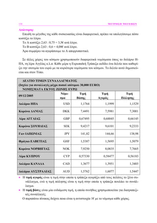 130 ΜΕΤΡΗΣΗ ΜΕΓΕΘΩΝ
Απάντηση:
Επειδή το µέγεθος της κάθε συσκευασίας είναι διαφορετικό, πρέπει να υπολογίσουµε πόσο
κοστίζει το λίτρο.
Το Α κοστίζει 2,63 : 0,75 = 3,5€ ανά λίτρο.
Το Β κοστίζει 2,63 : 0,6 = 4,08€ ανά λίτρο.
Άρα συµφέρει να αγοράσουµε το Α απορρυπαντικό.
Σε άλλες χώρες του κόσµου χρησιµοποιούν διαφορετικά νοµίσµατα όπως το δολάριο Η-
ΠΑ, τη λίρα Αγγλίας κ.λ.π. Κάθε µέρα η Ευρωπαϊκή Τράπεζα εκδίδει ένα δελτίο που καθορί-
ζει την ισοτιµία του ευρώ µε τα κυριότερα νοµίσµατα του κόσµου. Το δελτίο αυτό δηµοσιεύ-
εται και στον Τύπο.
∆ΕΛΤΙΟ ΤΙΜΩΝ ΣΥΝΑΛΛΑΓΜΑΤΟΣ
(Ισχύει για συναλλαγές µέχρι ποσού ισότιµου 30,000 EURO)
ΝΟΜΙΣΜΑΤΑ ΕΚΤΟΣ ΖΩΝΗΣ ΕΥΡΩ
09/12/2005
Νόµι-
σµα
Τιµή
Βάσης
Τιµή
Αγοράς
Τιµή
Πώλησης
∆ολάριο ΗΠΑ USD 1,1764 1,1999 1,1529
Κορώνα ∆ΑΝΙΑΣ DKK 7,4491 7,5981 7,3001
Λίρα ΑΓΓΛΙΑΣ GBP 0,67495 0,68845 0,66145
Κορώνα ΣΟΥΗ∆ΙΑΣ SEK 9,4217 9,6101 9,2333
Γιεν ΙΑΠΩΝΙΑΣ JPY 141,82 144,66 138,98
Φράγκο ΕΛΒΕΤΙΑΣ GHF 1,5387 1,5695 1,5079
Κορώνα ΝΟΡΒΗΓΙΑΣ NOK 7,9250 8,0835 7,7665
Λίρα ΚΥΠΡΟΥ CYP 0,57330 0,58477 0,56183
∆ολάριο ΚΑΝΑ∆Α CAD 1,3677 1,3951 1,3403
∆ολάριο ΑΥΣΤΡΑΛΙΑΣ AUD 1,5762 1,6077 1,5447
• Η τιµή αγοράς είναι η τιµή στην οποία η τράπεζα αγοράζει από τους πελάτες το ξένο συ-
νάλλαγµα, ενώ η τιµή πώλησης είναι η τιµή στην οποία η τράπεζα πουλάει το συνάλ-
λαγµα.
• Η τιµή βάσης είναι µία ενδιάµεση τιµή, η οποία συνήθως χρησιµοποιείται για διατραπεζι-
κές συναλλαγές.
Ο παραπάνω πίνακας δείχνει ποια είναι η αντιστοιχία 1€ µε το νόµισµα κάθε χώρας.
 