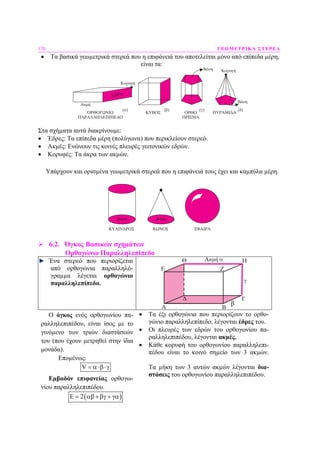 170 ΓΕΩΜΕΤΡΙΚΑ ΣΤΕΡΕΑ
• Τα βασικά γεωµετρικά στερεά που η επιφάνειά του αποτελείται µόνο από επίπεδα µέρη,
είναι τα:
Στα σχήµατα αυτά διακρίνουµε:
• Έδρες: Τα επίπεδα µέρη (πολύγωνα) που περικλείουν στερεό.
• Ακµές: Ενώνουν τις κοινές πλευρές γειτονικών εδρών.
• Κορυφές: Τα άκρα των ακµών.
Υπάρχουν και ορισµένα γεωµετρικά στερεά που η επιφάνειά τους έχει και καµπύλα µέρη.
6.2. Όγκος Βασικών σχηµάτων
Ορθογώνιο Παραλληλεπίπεδο
Ένα στερεό που περιορίζεται
από ορθογώνια παραλληλό-
γραµµα λέγεται ορθογώνιο
παραλληλεπίπεδο.
Ο όγκος ενός ορθογωνίου πα-
ραλληλεπιπέδου, είναι ίσος µε το
γινόµενο των τριών διαστάσεών
του (που έχουν µετρηθεί στην ίδια
µονάδα).
Εποµένως:
V = α⋅β⋅γ
Εµβαδόν επιφανείας ορθογω-
νίου παραλληλεπιπέδου.
( )2Ε = αβ +βγ + γα
• Τα έξι ορθογώνια που περιορίζουν το ορθο-
γώνιο παραλληλεπίπεδο, λέγονται έδρες του.
• Οι πλευρές των εδρών του ορθογωνίου πα-
ραλληλεπιπέδου, λέγονται ακµές.
• Κάθε κορυφή του ορθογωνίου παραλληλεπι-
πέδου είναι το κοινό σηµείο των 3 ακµών.
Τα µήκη των 3 αυτών ακµών λέγονται δια-
στάσεις του ορθογωνίου παραλληλεπιπέδου.
β
 