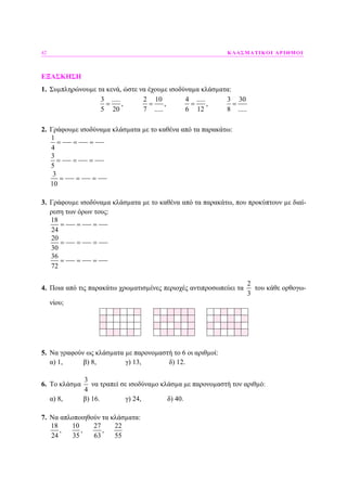 42 ΚΛΑΣΜΑΤΙΚΟΙ ΑΡΙΘΜΟΙ
ΕΞΑΣΚΗΣΗ
1. Συµπληρώνουµε τα κενά, ώστε να έχουµε ισοδύναµα κλάσµατα:
3 ..... 2 10 4 ..... 3 30
, , ,
5 20 7 ..... 6 12 8 .....
= = = =
2. Γράφουµε ισοδύναµα κλάσµατα µε το καθένα από τα παρακάτω:
1
4
= = =
3
5
= = =
3
10
= = =
3. Γράφουµε ισοδύναµα κλάσµατα µε το καθένα από τα παρακάτω, που προκύπτουν µε διαί-
ρεση των όρων τους:
18
24
= = =
20
30
= = =
36
72
= = =
4. Ποια από τις παρακάτω χρωµατισµένες περιοχές αντιπροσωπεύει τα
2
3
του κάθε ορθογω-
νίου;
5. Να γραφούν ως κλάσµατα µε παρονοµαστή το 6 οι αριθµοί:
α) 1, β) 8, γ) 13, δ) 12.
6. Το κλάσµα
3
4
να τραπεί σε ισοδύναµο κλάσµα µε παρονοµαστή τον αριθµό:
α) 8, β) 16. γ) 24, δ) 40.
7. Να απλοποιηθούν τα κλάσµατα:
18 10 27 22
, , ,
24 35 63 55
 