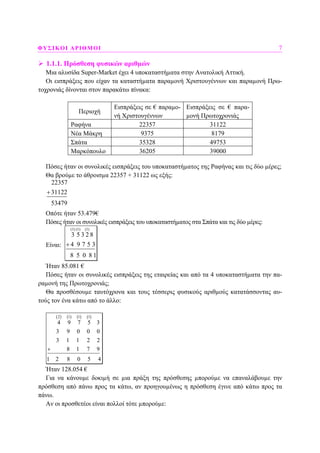 ΦΥΣΙΚΟΙ ΑΡΙΘΜΟΙ 7
1.1.1. Πρόσθεση φυσικών αριθµών
Μια αλυσίδα Super-Market έχει 4 υποκαταστήµατα στην Ανατολική Αττική.
Οι εισπράξεις που είχαν τα καταστήµατα παραµονή Χριστουγέννων και παραµονή Πρω-
τοχρονιάς δίνονται στον παρακάτω πίνακα:
Περιοχή
Εισπράξεις σε € παραµο-
νή Χριστουγέννων
Εισπράξεις σε € παρα-
µονή Πρωτοχρονιάς
Ραφήνα 22357 31122
Νέα Μάκρη 9375 8179
Σπάτα 35328 49753
Μαρκόπουλο 36205 39000
Πόσες ήταν οι συνολικές εισπράξεις του υποκαταστήµατος της Ραφήνας και τις δύο µέρες;
Θα βρούµε το άθροισµα 22357 + 31122 ως εξής:
22357
31122
53479
+
+
+
Οπότε ήταν 53.479€
Πόσες ήταν οι συνολικές εισπράξεις του υποκαταστήµατος στα Σπάτα και τις δύο µέρες:
Είναι:
(1) (1) (1)
3 5 3 2 8
4 9 7 5 3
8 5 0 8 1
+
+
+
Ήταν 85.081 €
Πόσες ήταν οι συνολικές εισπράξεις της εταιρείας και από τα 4 υποκαταστήµατα την πα-
ραµονή της Πρωτοχρονιάς;
Θα προσθέσουµε ταυτόχρονα και τους τέσσερις φυσικούς αριθµούς κατατάσσοντας αυ-
τούς τον ένα κάτω από το άλλο:
( ) ( ) ( ) ( )2 1 1 1
4 9 7 5 3
3 9 0 0 0
3 1 1 2 2
8 1 7 9
1 2 8 0 5 4
+
Ήταν 128.054 €
Για να κάνουµε δοκιµή σε µια πράξη της πρόσθεσης µπορούµε να επαναλάβουµε την
πρόσθεση από πάνω προς τα κάτω, αν προηγουµένως η πρόσθεση έγινε από κάτω προς τα
πάνω.
Αν οι προσθετέοι είναι πολλοί τότε µπορούµε:
 
