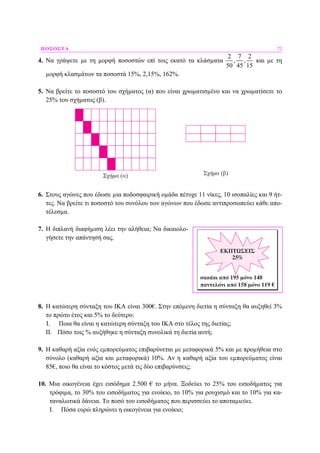 ΠΟΣΟΣΤΑ 73
4. Να γράψετε µε τη µορφή ποσοστών επί τοις εκατό τα κλάσµατα
2 7 2
, ,
50 45 15
και µε τη
µορφή κλασµάτων τα ποσοστά 15%, 2,15%, 162%.
5. Να βρείτε το ποσοστό του σχήµατος (α) που είναι χρωµατισµένο και να χρωµατίσετε το
25% του σχήµατος (β).
6. Στους αγώνες που έδωσε µια ποδοσφαιρική οµάδα πέτυχε 11 νίκες, 10 ισοπαλίες και 9 ήτ-
τες. Να βρείτε τι ποσοστό του συνόλου των αγώνων που έδωσε αντιπροσωπεύει κάθε απο-
τέλεσµα.
7. Η διπλανή διαφήµιση λέει την αλήθεια; Να δικαιολο-
γήσετε την απάντησή σας.
8. Η κατώτερη σύνταξη του ΙΚΑ είναι 300€. Στην επόµενη διετία η σύνταξη θα αυξηθεί 3%
το πρώτο έτος και 5% το δεύτερο:
Ι. Ποια θα είναι η κατώτερη σύνταξη του ΙΚΑ στο τέλος της διετίας;
ΙΙ. Πόσο τοις % αυξήθηκε η σύνταξη συνολικά τη διετία αυτή;
9. Η καθαρή αξία ενός εµπορεύµατος επιβαρύνεται µε µεταφορικά 5% και µε προµήθεια στο
σύνολο (καθαρή αξία και µεταφορικά) 10%. Αν η καθαρή αξία του εµπορεύµατος είναι
85€, ποιο θα είναι το κόστος µετά τις δύο επιβαρύνσεις;
10. Μια οικογένεια έχει εισόδηµα 2.500 € το µήνα. Ξοδεύει το 25% του εισοδήµατος για
τρόφιµα, το 30% του εισοδήµατος για ενοίκιο, το 10% για ρουχισµό και το 10% για κα-
ταναλωτικά δάνεια. Το ποσό του εισοδήµατος που περισσεύει το αποταµιεύει.
Ι. Πόσα ευρώ πληρώνει η οικογένεια για ενοίκιο;
 