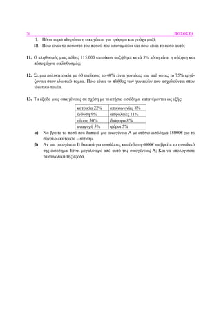 74 ΠΟΣΟΣΤΑ
ΙΙ. Πόσα ευρώ πληρώνει η οικογένεια για τρόφιµα και ρούχα µαζί;
ΙΙΙ. Ποιο είναι το ποσοστό του ποσού που αποταµιεύει και ποιο είναι το ποσό αυτό;
11. Ο πληθυσµός µιας πόλης 115.000 κατοίκων αυξήθηκε κατά 3% πόση είναι η αύξηση και
πόσος έγινε ο πληθυσµός;
12. Σε µια πολυκατοικία µε 60 ενοίκους το 40% είναι γυναίκες και από αυτές το 75% εργά-
ζονται στον ιδιωτικό τοµέα. Ποιο είναι το πλήθος των γυναικών που ασχολούνται στον
ιδιωτικό τοµέα.
13. Τα έξοδα µιας οικογένειας σε σχέση µε το ετήσιο εισόδηµα κατανέµονται ως εξής:
κατοικία 22% επικοινωνίες 8%
ένδυση 9% ασφάλειες 11%
σίτιση 30% διάφορα 8%
αναψυχή 5% φόροι 5%
α) Να βρείτε το ποσό που δαπανά µια οικογένεια Α µε ετήσιο εισόδηµα 18000€ για το
σύνολο «κατοικία – σίτιση»
β) Αν µια οικογένεια Β δαπανά για ασφάλειες και ένδυση 4000€ να βρείτε το συνολικό
της εισόδηµα. Είναι µεγαλύτερο από αυτό της οικογένειας Α; Και να υπολογίσετε
τα συνολικά της έξοδα.
 