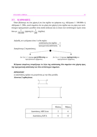 ΑΝΑΛΟΓΑ ΠΟΣΑ 99
3.7. ΚΛΙΜΑΚΕΣ
Όταν βλέπουµε σε ένα χάρτη ή σε ένα σχέδιο να γράφεται π.χ. «Κλίµακα 1: 100.000» ή
«Κλίµακα 1: 200», αυτό σηµαίνει ότι τα µήκη στο χάρτη ή στο σχέδιο και τα µήκη των αντί-
στοιχων πραγµατικών µεγεθών είναι ποσά ανάλογα και οι λόγοι των αντίστοιχων τιµών είναι
ίσοι µε
1
100.000
(χάρτης) ή
1
200
(σχέδιο).
∆ηλαδή, αν η κλίµακα είναι 1:α θα ισχύει:
ό στο σχέδιο 1
ή απόσταση
απ σταση
=
πραγµατικ α
∆ιακρίνουµε 2 περιπτώσεις:
Κλίµακα εποµένως ονοµάζουµε το λόγο της απόστασης δύο σηµείων στο χάρτη προς
την πραγµατική απόσταση των δύο αντίστοιχων σηµείων.
ΠΡΟΣΟΧΗ!
οι αποστάσεις πρέπει να µετρούνται µε την ίδια µονάδα.
∆ίνονται 2 ορθογώνια:
Α Β
Γ Δ
Ε Ζ
Θ Η
Πλάτος Μήκος
∆ιαστάσεις ΑΒΓ∆/cm 2 4
∆ιαστάσεις ΕΖΓ∆ 6 12
 