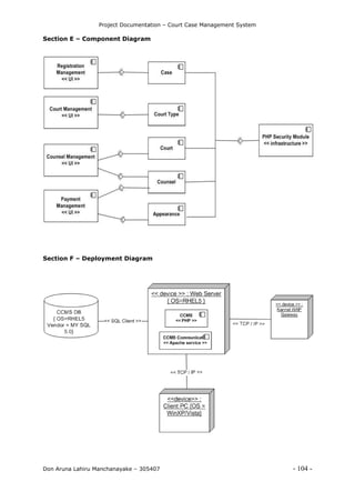 Project Documentation – Court Case Management System
Don Aruna Lahiru Manchanayake – 305407 - 104 -
Section E – Component Diagram
Section F – Deployment Diagram
 