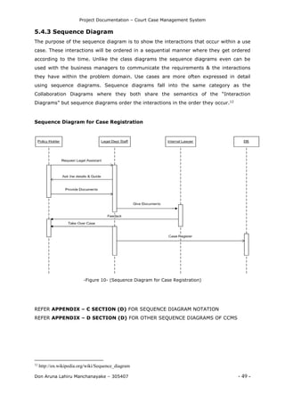 Project Documentation – Court Case Management System
Don Aruna Lahiru Manchanayake – 305407 - 49 -
5.4.3 Sequence Diagram
The purpose of the sequence diagram is to show the interactions that occur within a use
case. These interactions will be ordered in a sequential manner where they get ordered
according to the time. Unlike the class diagrams the sequence diagrams even can be
used with the business managers to communicate the requirements & the interactions
they have within the problem domain. Use cases are more often expressed in detail
using sequence diagrams. Sequence diagrams fall into the same category as the
Collaboration Diagrams where they both share the semantics of the “Interaction
Diagrams” but sequence diagrams order the interactions in the order they occur.12
Sequence Diagram for Case Registration
-Figure 10- (Sequence Diagram for Case Registration)
REFER APPENDIX – C SECTION (D) FOR SEQUENCE DIAGRAM NOTATION
REFER APPENDIX – D SECTION (D) FOR OTHER SEQUENCE DIAGRAMS OF CCMS
12
http://en.wikipedia.org/wiki/Sequence_diagram
 