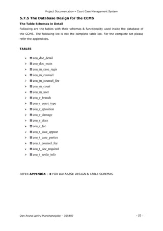 Project Documentation – Court Case Management System
Don Aruna Lahiru Manchanayake – 305407 - 53 -
5.7.5 The Database Design for the CCMS
The Table Schemas in Detail
Following are the tables with their schemas & functionality used inside the database of
the CCMS. The following list is not the complete table list. For the complete set please
refer the appendices.
TABLES
 cou_doc_detail
 cou_doc_main
 cou_m_case_regis
 cou_m_counsel
 cou_m_counsel_fee
 cou_m_court
 cou_m_user
 cou_r_branch
 cou_r_court_type
 cou_r_cposition
 cou_r_damage
 cou_r_docs
 cou_r_fee
 cou_t_case_appear
 cou_t_case_parties
 cou_t_counsel_fee
 cou_t_doc_required
 cou_t_settle_info
REFER APPENDIX – E FOR DATABASE DESIGN & TABLE SCHEMAS
 
