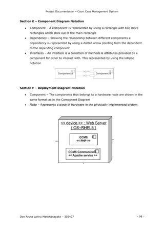 Project Documentation – Court Case Management System
Don Aruna Lahiru Manchanayake – 305407 - 94 -
Section E – Component Diagram Notation
 Component – A component is represented by using a rectangle with two more
rectangles which stick out of the main rectangle
 Dependency – Showing the relationship between different components a
dependency is represented by using a dotted arrow pointing from the dependent
to the depending component
 Interfaces – An interface is a collection of methods & attributes provided by a
component for other to interact with. This represented by using the lollipop
notation
Component A Component B
Section F – Deployment Diagram Notation
 Component – The components that belongs to a hardware node are shown in the
same format as in the Component Diagram
 Node – Represents a piece of hardware in the physically implemented system
 