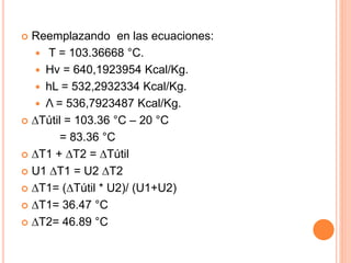  Reemplazando en las ecuaciones:
 T = 103.36668 °C.
 Hv = 640,1923954 Kcal/Kg.
 hL = 532,2932334 Kcal/Kg.
 Λ = 536,7923487 Kcal/Kg.
 ∆Tútil = 103.36 °C – 20 °C
= 83.36 °C
 ∆T1 + ∆T2 = ∆Tútil
 U1 ∆T1 = U2 ∆T2
 ∆T1= (∆Tútil * U2)/ (U1+U2)
 ∆T1= 36.47 °C
 ∆T2= 46.89 °C
 