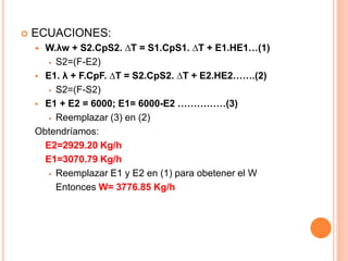  ECUACIONES:
 W.λw + S2.CpS2. ∆T = S1.CpS1. ∆T + E1.HE1…(1)
 S2=(F-E2)
 E1. λ + F.CpF. ∆T = S2.CpS2. ∆T + E2.HE2…….(2)
 S2=(F-S2)
 E1 + E2 = 6000; E1= 6000-E2 ……………(3)
 Reemplazar (3) en (2)
Obtendríamos:
E2=2929.20 Kg/h
E1=3070.79 Kg/h
 Reemplazar E1 y E2 en (1) para obetener el W
Entonces W= 3776.85 Kg/h
 
