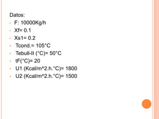 Datos:
• F: 10000Kg/h
• Xf= 0.1
• Xs1= 0.2
• Tcond.= 105°C
• Tebull-II (°C)= 50°C
• tF(°C)= 20
• U1 (Kcal/m^2.h.°C)= 1800
• U2 (Kcal/m^2.h.°C)= 1500
 