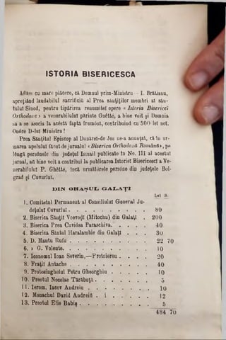 ISTORIA BISERICESCĂ
Aflam cu mare plăcere, că Domnul prim-Ministru— I. Brătianu,
apreţiftnd laudabilul sacrificiu al Prea sfinţiţilor membri al său-
tulul Sinod, pentru tipărirea renumitei opere « Istoria Bisericei
Orthodoxe > a venerabilului părinte Qnâttâ, a bine voit şi Domnia
&a a se asocia la acâstă faptă frumâsă, contribuind cu 500 lei noi.
On0re D-lul Ministrn!
Prea Sânţitnl Episcop al Dunărel-de Jos ne-a anunţat, că în ur-
marea apelului făcut dejurnalul <Biserica Orthodoxă Română», pe
lângă persânele din judeţul Ismail publicate în No. III al acestui
jurnal, aii bine voit a contribui la publicareaIstoriei BisericescI a Ye-
nerabilulul P. Ghâtte, încă nrmătorele persâne din judeţele Bol-
grad şi Cnvnrlnl.
DIN ORAŞUL GALAŢI
LeY B.
1. Comitetul Permanent al Consiliului General Ju~
deţulul Cuvurlul 80
2. Biserica Sânţii Yoevoijl (Mitochu) din Galaţi . 200
3. Biserica Prea Cnviâsa Par&schiva. . . . . 40
4. Biserica Săntul Haralambie din Galaţi . . . 30
5. D. Mantu B u fa' 22 70
6. > G. Yolente 10
7. Iconomul loan Severin,— Protoiereu . . . . 20
8. Fraţii Ântache 40
9. Protosinghelul Petru Gheorghiu 10
10. Preotul Nocolae Tărăbuţă 5
11. Ierom. Iacov A ndreiu !0
12. Monachul David Andreifl . i . . 12 . . . ‫׳‬
13. Preotul Elie Babiş 5
~~484 70
 