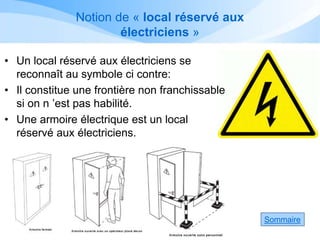 Notion de « local réservé aux
électriciens »
• Un local réservé aux électriciens se
reconnaît au symbole ci contre:
• Il constitue une frontière non franchissable
si on n ’est pas habilité.
• Une armoire électrique est un local
réservé aux électriciens.
Sommaire
 