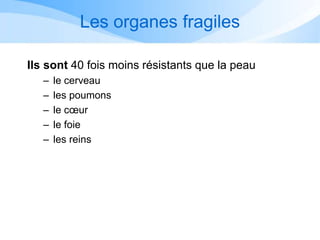 Les organes fragiles
Ils sont 40 fois moins résistants que la peau
– le cerveau
– les poumons
– le cœur
– le foie
– les reins
 
