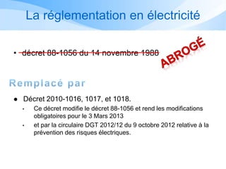 La réglementation en électricité
• décret 88-1056 du 14 novembre 1988
 Décret 2010-1016, 1017, et 1018.
• Ce décret modifie le décret 88-1056 et rend les modifications
obligatoires pour le 3 Mars 2013
• et par la circulaire DGT 2012/12 du 9 octobre 2012 relative à la
prévention des risques électriques.
 