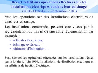 Décret relatif aux opérations effectuées sur les
installations électriques ou dans leur voisinage
(2010-1118 du 22 Septembre 2010)
Vise les opérations sur des installations électriques ou
dans leur voisinage.
Sont exclues les opérations effectuées sur les installations régies
par la loi du 15 juin 1906, installations de distribution électrique et
installations de traction électrique.
Les installations concernées peuvent être visées par la
réglementation du travail ou une autre réglementation par
exemple :
• véhicules électriques,
• éclairage extérieur,
• bâtiments d’habitation …
 