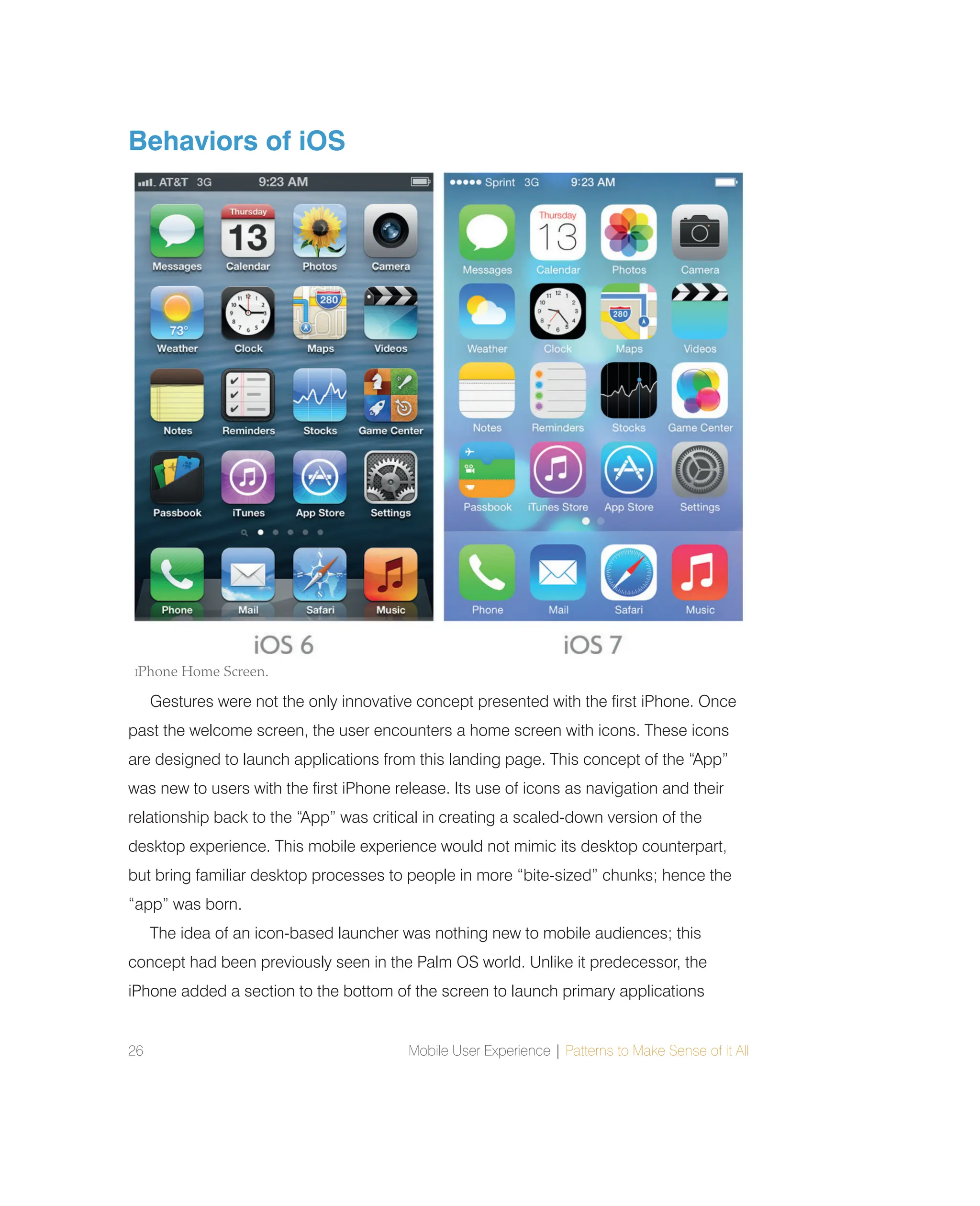 26 Mobile User Experience | Patterns to Make Sense of it All
Behaviors of iOS
Gestures were not the only innovative concept presented with the first iPhone. Once
past the welcome screen, the user encounters a home screen with icons. These icons
are designed to launch applications from this landing page. This concept of the “App”
was new to users with the first iPhone release. Its use of icons as navigation and their
relationship back to the “App” was critical in creating a scaled-down version of the
desktop experience. This mobile experience would not mimic its desktop counterpart,
but bring familiar desktop processes to people in more “bite-sized” chunks; hence the
“app” was born.
The idea of an icon-based launcher was nothing new to mobile audiences; this
concept had been previously seen in the Palm OS world. Unlike it predecessor, the
iPhone added a section to the bottom of the screen to launch primary applications
IPhone Home Screen.
 