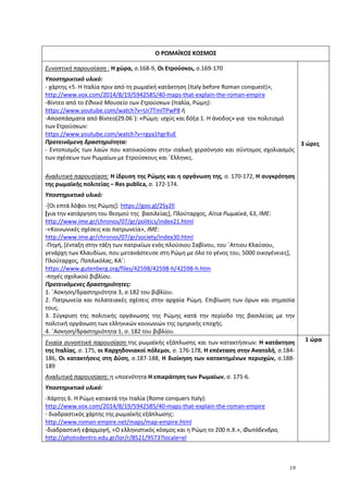 19
Ο ΡΩΜΑΪΚΟΣ ΚΟΣΜΟΣ
Συνοπτική παρουσίαση : Η χώρα, σ.168-9, Οι Ετρούσκοι, σ.169-170
Υποστηρικτικό υλικό:
- χάρτης «5. Η Ιταλία πριν από τη ρωμαϊκή κατάκτηση (Italy before Roman conquest)»,
http://www.vox.com/2014/8/19/5942585/40-maps-that-explain-the-roman-empire
-Βίντεο από το Εθνικό Μουσείο των Ετρούσκων (Ιταλία, Ρώμη):
https://www.youtube.com/watch?v=Ur7TmlTPwP8 ή
-Αποσπάσματα από Βίντεο(29.06΄): «Ρώμη: ισχύς και δόξα 1. Η άνοδος» για τον πολιτισμό
των Ετρούσκων:
https://www.youtube.com/watch?v=rgya1hgrXuE
Προτεινόμενη δραστηριότητα:
- Εντοπισμός των λαών που κατοικούσαν στην ιταλική χερσόνησο και σύντομος σχολιασμός
των σχέσεων των Ρωμαίων με Ετρούσκους και ΄Ελληνες.
Αναλυτική παρουσίαση: Η ίδρυση της Ρώμης και η οργάνωση της, σ. 170-172, Η συγκρότηση
της ρωμαϊκής πολιτείας – Res publica, σ. 172-174.
Υποστηρικτικό υλικό:
-[Οι επτά λόφοι της Ρώμης]: https://goo.gl/2Sy2ll
[για την κατάργηση του θεσμού της βασιλείας], Πλούταρχος, Αίτια Ρωμαϊκά, 63, ΙΜΕ:
http://www.ime.gr/chronos/07/gr/politics/index21.html
-«Kοινωνικές σχέσεις και πατρωνεία», ΙΜΕ:
http://www.ime.gr/chronos/07/gr/society/index30.html
-Πηγή, [ένταξη στην τάξη των πατρικίων ενός πλούσιου Σαβίνου, του ΄Αττιου Κλαύσου,
γενάρχη των Κλαυδίων, που μετανάστευσε στη Ρώμη με όλο το γένος του, 5000 οικογένειες],
Πλούταρχος, Ποπλικόλας, ΚΑ΄:
https://www.gutenberg.org/files/42598/42598-h/42598-h.htm
-πηγές σχολικού βιβλίου.
Προτεινόμενες δραστηριότητες:
1. ΄Ασκηση/δραστηριότητα 3, σ.182 του βιβλίου.
2. Πατρωνεία και πελατειακές σχέσεις στην αρχαία Ρώμη. Επιβίωση των όρων και σημασία
τους.
3. Σύγκριση της πολιτικής οργάνωσης της Ρώμης κατά την περίοδο της βασιλείας με την
πολιτική οργάνωση των ελληνικών κοινωνιών της ομηρικής εποχής.
4. ΄Ασκηση/δραστηριότητα 1, σ. 182 του βιβλίου.
3 ώρες
Ενιαία συνοπτική παρουσίαση της ρωμαϊκής εξάπλωσης και των κατακτήσεων: Η κατάκτηση
της Ιταλίας, σ. 175, οι Καρχηδονιακοί πόλεμοι, σ. 176-178, Η επέκταση στην Ανατολή, σ.184-
186, Οι κατακτήσεις στη Δύση, σ.187-188, Η διοίκηση των κατακτημένων περιοχών, σ.188-
189
Αναλυτική παρουσίαση: η υποενότητα H επικράτηση των Ρωμαίων, σ. 175-6.
Υποστηρικτικό υλικό:
-Χάρτης 6. Η Ρώμη κατακτά την Ιταλία (Rome conquers Italy):
http://www.vox.com/2014/8/19/5942585/40-maps-that-explain-the-roman-empire
- διαδραστικός χάρτης της ρωμαϊκής εξάπλωσης:
http://www.roman-empire.net/maps/map-empire.html
-διαδραστική εφαρμογή, «Ο ελληνιστικός κόσμος και η Ρώμη το 200 π.Χ.», Φωτόδενδρο,
http://photodentro.edu.gr/lor/r/8521/9573?locale=el
1 ώρα
 