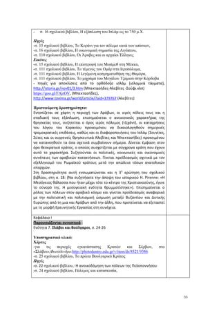 33
- σ. 16 σχολικού βιβλίου, Η εξάπλωση του Ισλάμ ως το 750 μ.Χ.
Πηγές
-σ. 15 σχολικού βιβλίου, Το Κοράνι για τον πόλεμο κατά των απίστων,
-σ. 16 σχολικού βιβλίου, Η οικονομική σημασία της Αιγύπτου,
-σ. 110 σχολικού βιβλίου, Οι Άραβες και οι αρχαίοι Έλληνες
Εικόνες
-σ. 15 σχολικού βιβλίου, Η επιστροφή του Μωάμεθ στη Μέκκα,
-σ. 111 σχολικού βιβλίου, Το τέμενος του Ομάρ στα Ιεροσόλυμα,
-σ. 111 σχολικού βιβλίου, Η λεγόμενη κοσμηματοθήκη της Θαμόρα,
-σ. 111 σχολικού βιβλίου, Το μιχράμπ του Μεγάλου Τζαμιού στην Κόρδοβα
- πηγές για αποκλίσεις από το ορθόδοξο ισλάμ (ισλαμικά τάγματα),
http://istoria.gr/nov01/3.htm (Μπεκτασήδες-Αλεβίτες -Σούφι κλπ)
https://goo.gl/FAjrOV, (Μπεκτασήδες),
http://www.tovima.gr/world/article/?aid=379767 (Αλεβίτες)
Προτεινόμενη δραστηριότητα:
Εντοπίζεται σε χάρτη η περιοχή των Αράβων, οι ιερές πόλεις τους και η
σταδιακή τους εξάπλωση, επισημαίνεται ο ανεικονικός χαρακτήρας της
θρησκείας τους, συζητείται ο όρος ιερός πόλεμος (τζιχάντ), οι καταχρήσεις
του λόγου του Κορανίου προκειμένου να δικαιολογηθούν σημερινές
τρομοκρατικές επιθέσεις, καθώς και οι διαφοροποιήσεις του Ισλάμ (Σουνίτες,
Σιίτες και οι συγγενείς θρησκευτικά Αλεβίτες και Μπεκτασήδες) προκειμένου
να κατανοηθούν τα όσα σχετικά συμβαίνουν σήμερα. Δίνεται έμφαση στον
όρο θεοκρατικό κράτος, ο οποίος συσχετίζεται με σύγχρονα κράτη που έχουν
αυτό το χαρακτήρα. Συζητούνται οι πολιτικές, κοινωνικές και οικονομικές
συνέπειες των αραβικών κατακτήσεων. Γίνεται προϊδεασμός σχετικά με τον
εξελληνισμό του Ρωμαϊκού κράτους μετά την απώλεια τόσων ανατολικών
επαρχιών.
Στη δραστηριότητα αυτή ενσωματώνεται και η 3η
ερώτηση του σχολικού
βιβλίου, στη σ. 18: (Να συζητήσετε την άποψη του ιστορικού H. Pirenne: «Η
Μεσόγειος θάλασσα που ήταν μέχρι τότε το κέντρο της Χριστιανοσύνης, έγινε
το σύνορό της. Η μεσογειακή ενότητα θρυμματίστηκε»). Επισημαίνεται ο
ρόλος των πόλεων στον αραβικό κόσμο και γίνεται προϊδεασμός αναφορικά
με την πολιτιστική και πολιτισμική ώσμωση μεταξύ Βυζαντίου και Δυτικής
Ευρώπης από τη μια και Αράβων από την άλλη, που προτείνεται να εξεταστεί
με τη μορφή Ερευνητικής Εργασίας στη συνέχεια.
Κεφάλαιο Ι
Παρουσιάζονται συνοπτικά :
Ενότητα 7. Σλάβοι και Βούλγαροι, σ. 24-26
Υποστηρικτικό υλικό:
Χάρτες
-για τις περιοχές εγκατάστασης Κρατών και Σέρβων, στο
«Σλάβοι»,Φωτόδενδρο:http://photodentro.edu.gr/v/item/ds/8521/9386
-σ. 25 σχολικού βιβλίου, Το πρώτο Βουλγαρικό Κράτος
Πηγές
-σ. 22 σχολικού βιβλίου,: Η ανοικοδόμηση των πόλεων της Πελοποννήσου
-σ. 24 σχολικού βιβλίου, Πόλεμος και κατασκοπία,
 
