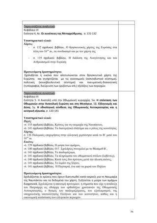 56
Παρουσιάζεται αναλυτικά:
Κεφάλαιο VΙ
Ενότητα 4, 4ε. Οι συνέπειες της Μεταρρύθμισης, σ. 131-132
Υποστηρικτικό υλικό:
Χάρτες
- σ. 132 σχολικού βιβλίου, Ο θρησκευτικός χάρτης της Ευρώπης στα
τέλη του 16ου
αι., σε συνδυασμό και με τον χάρτη της
- σ. 119 σχολικού βιβλίου, Η διάδοση της Αναγέννησης και του
Ανθρωπισμού στην Ευρώπη
Προτεινόμενη δραστηριότητα:
Σχολιάζεται η εικόνα που αποτυπώνεται στον θρησκευτικό χάρτη της
Ευρώπης και συσχετίζεται με τις οικονομικές (καπιταλιστικό σύστημα),
πολιτικές (κοινοβουλευτικό σύστημα) και πνευματικές-διανοητικές
(τυπογραφία, διεύρυνση των οριζόντων κτλ.) εξελίξεις των περιοχών.
Παρουσιάζεται συνοπτικά :
Κεφάλαιο VΙ
Ενότητα 5. Η Ανατολή υπό την Οθωμανική κυριαρχία, 5α. Η επέκταση των
Οθωμανών στην Ανατολική Ευρώπη και στη Μεσόγειο, 5β. Ελληνισμός και
Δύση, 5γ. Η εθνολογική σύνθεση της Οθωμανικής Αυτοκρατορίας και η
κεντρική εξουσία, σ. 133-141
Υποστηρικτικό υλικό:
Πηγές
-σ. 135 σχολικού βιβλίου, Κρίσεις για τη ναυμαχία της Ναυπάκτου,
-σ. 141 σχολικού βιβλίου, Τα διανεμητικό σύστημα και ο ρόλος της κοινότητας
Χάρτης
σ. 136 Πολεμικές επιχειρήσεις στην ελληνική χερσόνησο κατά το Β΄ μισό του
16ου
αι.
Εικόνες
-σ. 139 σχολικού βιβλίου, Η μοίρα των αμάχων,
-σ. 140 σχολικού βιβλίου, Ο Γ. Σχολάριος συνομιλεί με το Μωάμεθ Β΄,
-σ. 141 σχολικού βιβλίου, Το παιδομάζωμα,
-σ. 141 σχολικού βιβλίου, Τα πληρώματα του οθωμανικού στόλου (λεβέντες),
-σ. 140 σχολικού βιβλίου, Κατά τους δύο πρώτους μετά την άλωση αιώνες,
-σ. 141 σχολικού βιβλίου, Το λιμάνι της Σύρου,
-σ. 141 σχολικού βιβλίου, Η Πορταριά, ένα από τα χωριά του Πηλίου
Προτεινόμενη δραστηριότητα:
Σχολιάζονται οι κρίσεις που έχουν διατυπωθεί κατά καιρούς για τη Ναυμαχία
της Ναυπάκτου και τα δεδομένα του χάρτη. Συζητείται η μοίρα των αμάχων
διαχρονικά. Σχολιάζεται η απονομή προνομίων, η σημασία που είχε η ανάδειξη
του Πατριάρχη ως εθνάρχη των ορθοδόξων χριστιανών της Οθωμανικής
Αυτοκρατορίας, ο θεσμός του παιδομαζώματος, του εξισλαμισμού, της
υποχρεωτικής ναυτολόγησης Ελλήνων και των κοινοτήτων, καθώς και η
οικονομική κατάσταση των ελληνικών περιοχών.
 