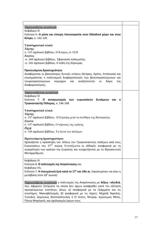 57
Παρουσιάζεται συνοπτικά :
Κεφάλαιο VΙ
Ενότητα 6. Η μέση και ύστερη Λατινοκρατία στον Ελλαδικό χώρο και στην
Κύπρο, σ. 142-145
Υποστηρικτικό υλικό:
Χάρτης
σ. 143 σχολικού βιβλίου, Η Κύπρος το 1628
Εικόνες
-σ. 144 σχολικού βιβλίου, Σφακιανός πολεμιστής,
-σ. 145 σχολικού βιβλίου, Η πόλη της Κέρκυρας
Προτεινόμενη δραστηριότητα:
Αναφέρονται οι βασικότερες δυτικές κτήσεις (Κύπρος, Κρήτη, Επτάνησα) και
επισημαίνεται η πολιτισμική διαφοροποίηση των βενετοκρατούμενων και
τουρκοκρατούμενων περιοχών και αναζητούνται οι λόγοι της
διαφοροποίησης.
Παρουσιάζονται συνοπτικά:
Κεφάλαιο VΙ
Ενότητα 7. Ο ανταγωνισμός των ευρωπαϊκών δυνάμεων και ο
Τριακονταετής Πόλεμος, σ. 146-148
Υποστηρικτικό υλικό:
Χάρτης
σ. 147 σχολικού βιβλίου, Η Ευρώπη μετά τη συνθήκη της Βεστφαλίας
Εικόνα
σ. 147 σχολικού βιβλίου, Ο κήρυκας της ειρήνης
Πηγή
σ. 148 σχολικού βιβλίου, Τα δεινά του πολέμου
Προτεινόμενη δραστηριότητα:
Σχολιάζεται η πρόσληψη του τέλους του Τριακονταετούς πολέμου από τους
Ευρωπαίους του 17ου
αιώνα. Εντοπίζονται οι αλλαγές αναφορικά με τη
συγκρότηση των κρατών της Ευρώπης και συσχετίζονται με τη Θρησκευτική
Μεταρρύθμιση.
Κεφάλαιο VΙ
Ενότητα 8. Ο πολιτισμός της Αναγέννησης και
Κεφάλαιο VΙΙ,
Ενότητα 7. Η πνευματική ζωή κατά το 17ο
και 18ο αι. (προκειμένου να γίνει η
μετάβαση στον 18ο
αιώνα)
Παρουσιάζεται συνοπτικά ο πολιτισμός της Αναγέννησης με λέξεις –κλειδιά,
που αφορούν ζητήματα τα οποία δεν έχουν αναφερθεί κατά την εξέταση
προηγούμενων ενοτήτων, όπως: α) αναφορικά με τα Γράμματα και τις
επιστήμες: Μακιαβελισμός, β) αναφορικά με τις τέχνες: Μιχαήλ Άγγελος,
Τιτσιάνο, Δομίνικος Θεοτοκόπουλος ή El Greco, Ντύρερ, Ιερώνυμος Μπος,
Πήτερ Μπρέγκελ, και σχολιασμός έργων τους.
 