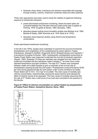 Cooling Water Options for the New Generation of Nuclear Power Stations in the UK 96
• Hydraulic shear stress, turbulence and abrasion associated with passage
through screens, culverts, small-bore condenser tubes and other pipework.
Three main approaches have been used to study the viability of organisms following
exposure to entrainment stressors:
• power-plant-based entrainment monitoring, where live:dead ratios are
compared between the CW plant inlet and outlet points (see Coughlan &
Fleming, 1978; Coughlan & Davies, 1983; Dempsey, 1983);
• laboratory-based cooling-circuit simulation studies (see Bamber et al. 1994;
Bamber & Seaby, 2004; Kennedy et al. 1974; Beck et al. 1975);
• laboratory dose-response studies using chlorine and temperature
combinations.
Power plant-based entrainment monitoring
In the UK in the 1970s, studies were undertaken to examine the survival of entrained
phytoplankton and zooplankton at five coastal/estuarine power stations: Fawley
(Hampshire), Sizewell A (Suffolk), Kingsnorth (Kent), Bradwell (Essex) and Heysham 1
(Lancashire) (Coughlan & Davies, 1983). Subsequently, phytoplankton productivity at
Fawley Power Station was measured to estimate the survival of entrained organisms
(Davies, 1983). Seawater (10 litres per replicate) was sampled from the intake and
outfall and incubated with the radioactive carbon isotope C14
for three hours under
standard temperature and light conditions. The rate of C14
fixation was compared
between intake and outfall samples to give an estimate of the survival rate of
phytoplankton passing through the CW system. Phytoplankton productivity fell by 50-60
per cent having passed through the CW system under routine conditions at Fawley
Power Station (ΔT 8-10°C, <0.2 mgl-1
Cl at outfall). The main cause of mortality was
chlorine concentration. Experimentally varying the dosed chlorine level allowed the
effect of chlorine toxicity to be assessed. The main cause of mortality (assuming that
the rate of C14
fixation was a valid proxy of survival) was concluded to be exposure to
the biocide.
Figure 6-7 Effect of chlorine concentration on carbon fixation by phytoplankton
at Fawley Power Station, Hampshire (Source: Davis, 1983)
 