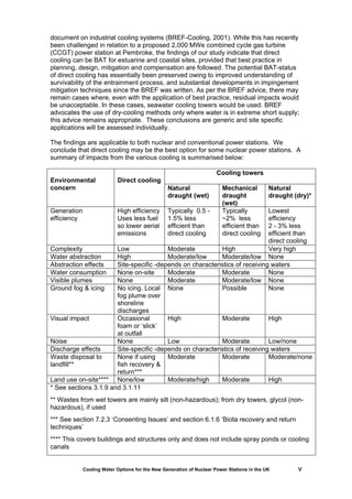 Cooling Water Options for the New Generation of Nuclear Power Stations in the UK v
document on industrial cooling systems (BREF-Cooling, 2001). While this has recently
been challenged in relation to a proposed 2,000 MWe combined cycle gas turbine
(CCGT) power station at Pembroke, the findings of our study indicate that direct
cooling can be BAT for estuarine and coastal sites, provided that best practice in
planning, design, mitigation and compensation are followed. The potential BAT-status
of direct cooling has essentially been preserved owing to improved understanding of
survivability of the entrainment process, and substantial developments in impingement
mitigation techniques since the BREF was written. As per the BREF advice, there may
remain cases where, even with the application of best practice, residual impacts would
be unacceptable. In these cases, seawater cooling towers would be used. BREF
advocates the use of dry-cooling methods only where water is in extreme short supply;
this advice remains appropriate. These conclusions are generic and site specific
applications will be assessed individually.
The findings are applicable to both nuclear and conventional power stations. We
conclude that direct cooling may be the best option for some nuclear power stations. A
summary of impacts from the various cooling is summarised below:
Cooling towers
Environmental
concern
Direct cooling
Natural
draught (wet)
Mechanical
draught
(wet)
Natural
draught (dry)*
Generation
efficiency
High efficiency
Uses less fuel
so lower aerial
emissions
Typically 0.5 -
1.5% less
efficient than
direct cooling
Typically
~2% less
efficient than
direct cooling
Lowest
efficiency
2 - 3% less
efficient than
direct cooling
Complexity Low Moderate High Very high
Water abstraction High Moderate/low Moderate/low None
Abstraction effects Site-specific -depends on characteristics of receiving waters
Water consumption None on-site Moderate Moderate None
Visible plumes None Moderate Moderate/low None
Ground fog & icing No icing. Local
fog plume over
shoreline
discharges
None Possible None
Visual impact Occasional
foam or ‘slick’
at outfall
High Moderate High
Noise None Low Moderate Low/none
Discharge effects Site-specific -depends on characteristics of receiving waters
Waste disposal to
landfill**
None if using
fish recovery &
return***
Moderate Moderate Moderate/none
Land use on-site**** None/low Moderate/high Moderate High
* See sections 3.1.9 and 3.1.11
** Wastes from wet towers are mainly silt (non-hazardous); from dry towers, glycol (non-
hazardous), if used
*** See section 7.2.3 ‘Consenting Issues’ and section 6.1.6 ‘Biota recovery and return
techniques’
**** This covers buildings and structures only and does not include spray ponds or cooling
canals
 